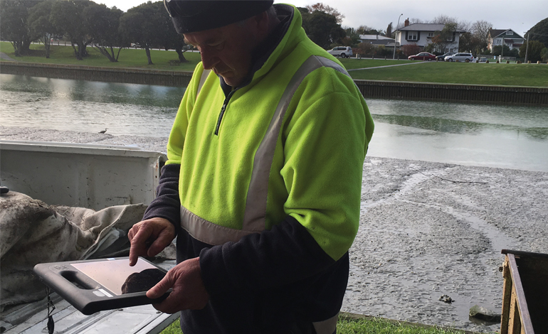 Gisborne District Council rivers and land drainage ganger Paul Davis using  the new mobility solution - Local Government Magazine February 2017