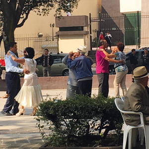 Mexico City park with men and women dancing to music dominated by brass. 
